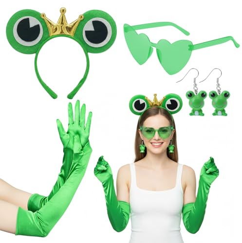 Dcsfadq Frosch Kostüm Set für Erwachsene, 4-teiliges Grünes Party Accessoires Set, mit Frosch Haarreif, Haarschmuck, Ohrringen, Herz Sonnenbrille Handschuhen, für Karneval Fasching Damen Verkleidung