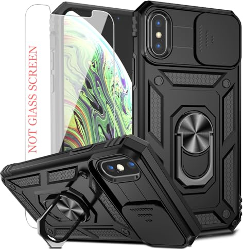 AYMECL Iphone XS Max Case,with Slide Camera Cover & HD Screen Protector, Heavy Duty Shockproof Protective Case with Rotated Ring Kickstand for Iphone XS Max,Black