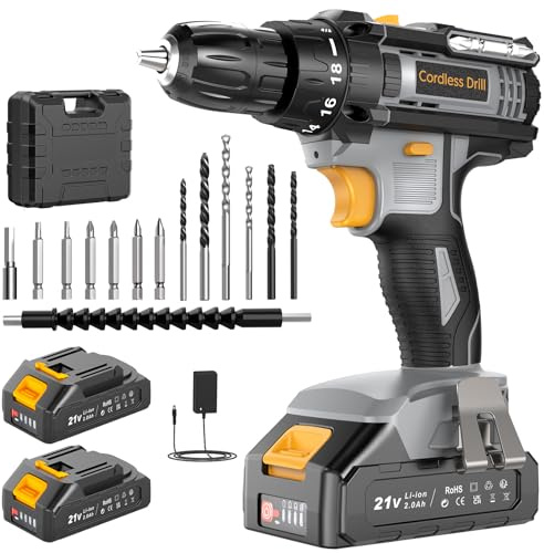 Cordless Drill 21V Bamse, Electric Drill with 2 Batteries 2.0Ah, Combi Set 42N.m Torque, 18+1 Torque, 2 Speeds, 14PCS Drill Set, LED Light for Garden DIY,Grey