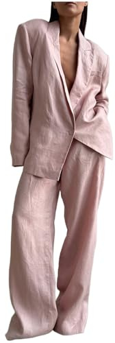 Mrjitor Women's Linen Suit Peak Lapel Jacket Wide Leg Pants Two Pieces Set for Daily Leisure Pink