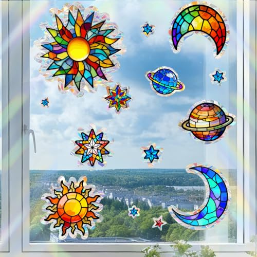 PRESSINART 14 Piezas de Pegatinas para Ventanas de Sol Y Luna 15.7 x 11.8 Pulgadas Arcoíris Pegatina de Atrapasol Patrón de Sol Luna Y Estrella PVC Reutilizable Sin Adhesivo Protección de Aves