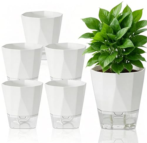 Qnbonrich Set di 6 vasi autoirriganti, 12,5 cm, con sistema di auto-irrigazione, serbatoio dell'acqua trasparente, adatti per balconi e interni (bianco)