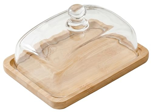 Piatto per torta con coperchio, Alzata per torta rettangolare con coperchio, Vassoio da portata in legno Copertura in vetro temperato - Supporto rettangolare color legno naturale con