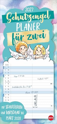 Schutzengel Planer für zwei 2027: Wandplaner für 2. Partnerkalender mit 2 Spalten. Terminkalender mit niedlichen Cartoon-Engeln. Wandkalender für 2 Personen.