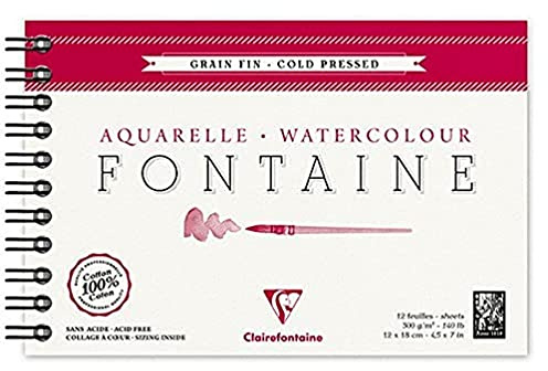 Clairefontaine - Ref 96312C - Fontaine Cold Pressed Watercolour Wirebound Pad (12 Sheets) - 12 x 18cm Size, 300gsm Paper - Suitable for Watercolour Artwork