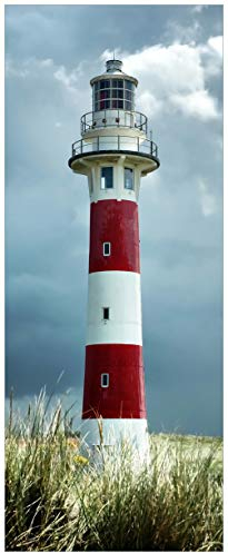 Wallario Glasbild Leuchtturm am Strand - 50 x 125 cm Wandbilder Glas in Premium-Qualität: Brillante Farben, freischwebende Optik