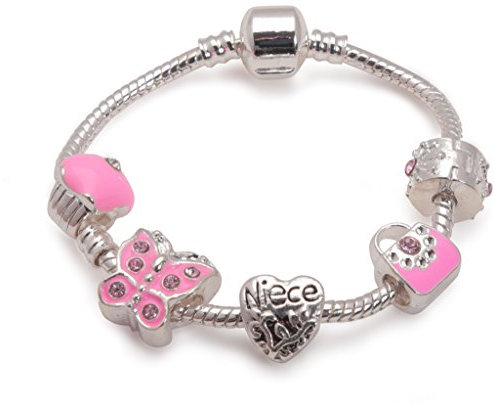 Liberty Charms Niece Childrens Pretty in Pink Silver Plated Charm Bracelet. Girls Birthday Gift/Present/Stocking Filler. with Gift Box and Pouch (Other