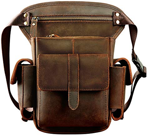 Le'aokuu Herren Echtes Leder Hüfttasche Gürteltasche Bauchtasche Reißverschluss Motorrad Messenger Pack Schultertasche 913-5 (913-5 A-Braun)