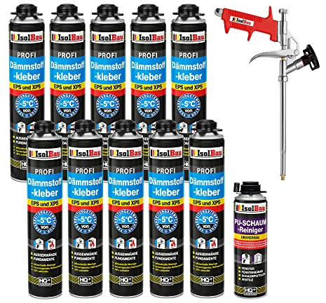 Isolbau B2 Dämmstoffkleber SET - 10 x 750 ml Perimeterkleber, 1 x PU-Schaum-Reiniger & 1x Schaumpistole für EPS & XPS-Platten - 1K PU-Klebeschaum für Fixieren und Isolieren