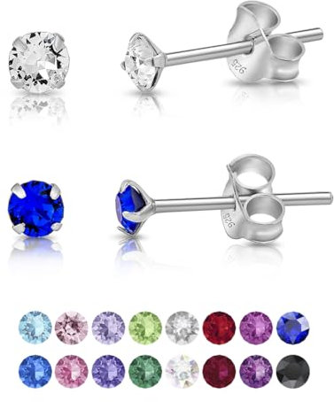DTPsilver - 2 PAIRES de * MINI * Boucles d'oreilles/Clous en Argent Fin 925 et Cristaux de Swarovski® Elements Ronds - Diamètre: 3 mm - Couleur: Cristal Clair + Bleu Majestic