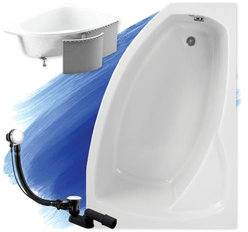 BADLAND Badewanne Original Weiß Acryl Wanne Eckbadewanne FRIDA 150x90 Rechts KOMPLETTSET SET mit Premium Styroporverkleidung + Füßen und Exklusive Chrom Automatik Ablaufgarnitur Made in EU 4in1