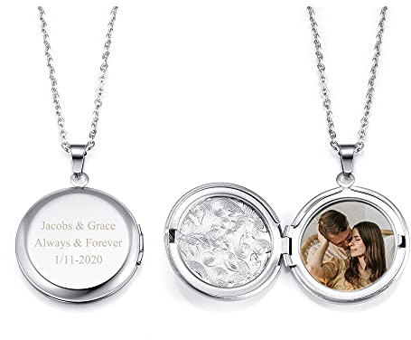 Jovivi Silver Personalised Photo Locket Necklace Women Stainless Steel Custom Necklace Engraved Picture Text Round Pendant with 22 Chain Memorial Gifts for her Girlfriend,Mom,Sister or