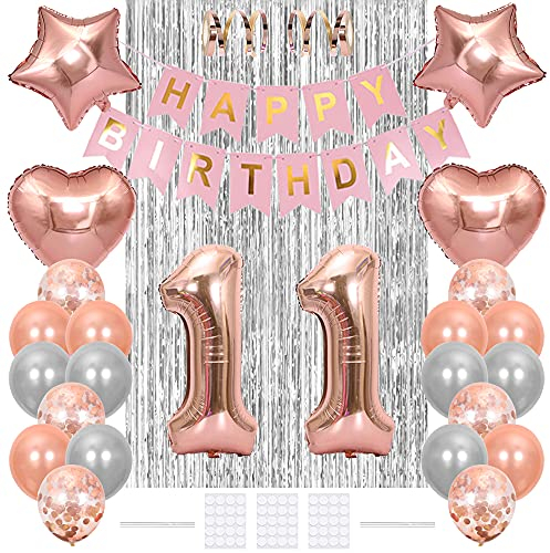Xihuimay 11. Geburtstag Feier Dekoration 32 Nummer 11 Luftballon Alles Gute Zum Geburtstag Banner Heliumballon Konfetti Latexballon Stern Herz Folie Ballon Lametta Vorhang für Mädchen, Roségold