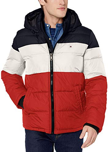 Tommy Hilfiger Men's Down Alternative Hooded Puffer Jacket (Standard and Big & Tall) Coat, Midnight/Ice/Orange Color Block, 3XL