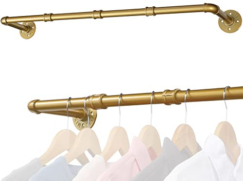 Wall mounted Hanging Rail for Clothes, Modern Golden Iron Rod Garment Bar 76 cm, 30 inch Heavy Duty metal clothing rack for Home and Boutique, Max load 55 kg