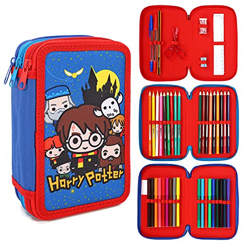 Harry, astuccio a 3 ripiani, grande, con scomparti multicompartimenti, articoli per la scuola, cancelleria, matite colorate
