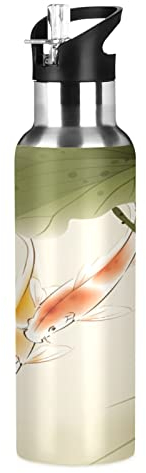 Mnsruu Encre Japonaise Koi Poisson Fleur De Lotus Isotherme Bouteille d'eau avec Paille, Gourde Sport en Acier Inoxydable 600ML Gourdes sans BPA pour Enfant Garçon Fille École Bureau
