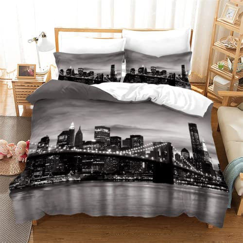 SHOMEY Bettwäsche 155x220 Graues New York City Bettbezug Weiche Atmungsaktive Hypoallergen Bettwasche Set und 2 Kissenbezug 80x80 cm mit Reißverschluss, Multicolor