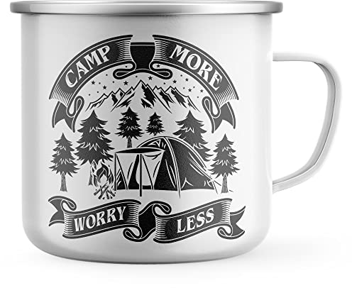 Purple Print House Camp More, Worry Less Enamel Mug, Camping Gifts for Men, Dads Birthday Gift Idea, Metal Drinking Coffee Cup, One Size, White