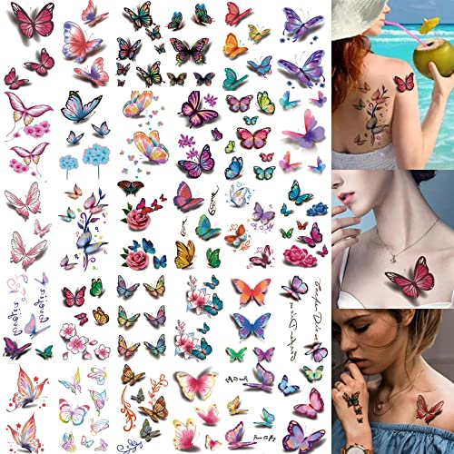 TAKUZA Temporäre Tattoos, 3D Tattoo Haut Wasserfest Bunt Tattoo Schmetterling, 30 Blätter Butterfly Tattoo Sticker Über 120 Muster Blume Schmetterling Tattoo Aufkleber