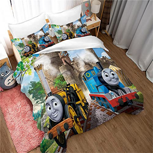 Ste-X Bettwäsche 200 X 200 Thomas Train Bettbezug-Set Und 2 Kissenbezüge 80 X 80 cm, 3-teiliges Weiches, Flauschiges Bettwäsche-Set Mit Reißverschluss (Muster 02,220x240cm)