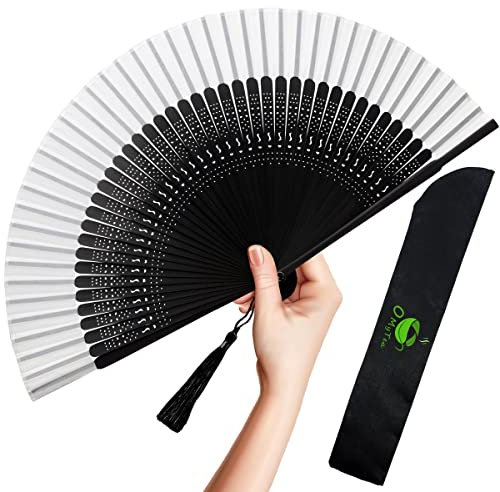OMyTea Folding Hand Fan for Women - Foldable Chinese Japanese Vintage Bamboo Silk Fan - for Hot Flash, Church, Decoration, EDM, Music Festival, Dance, Party, Performance, Gift (Sexy Black - White)