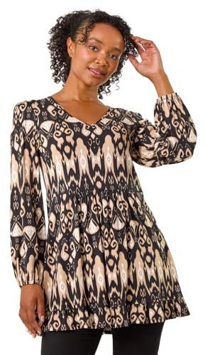 Roman Originals Smock Tunic Top for Women UK - Ladies Everyday Autumn Winter V-Neckline Comfy Soft Evening Vacation Work Party Night Out - Plain Black - Size 18