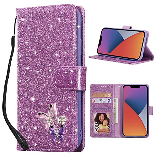 QLTYPRI Case for iPhone 14, Wallet Case Premium Glitter PU Leather TPU Bumper Card Holder [Wrist Strap] Inlaid Butterfly Diamond Flip Cover for iPhone 14 - Purple Butterfly