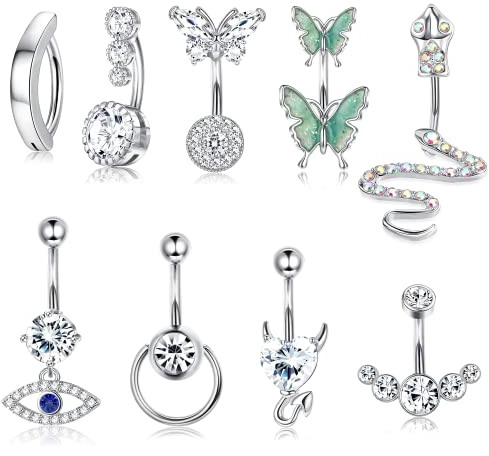 Diamday 9 Stück Bauchnabelpiercing für Frauen Chirurgenstahl CZ Bauchpiercing Kugeln Nabelpiercing Körper Piercing Schmuck Set mit Anhänger Butterfly Schlange Böses Auge Herz Bauchnabelringe Silber