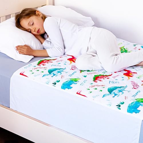 Lynmark® Toddler Potty Training Bed Pads with Tuck-In Flaps - Soft Waterproof Bedwetting Pee Protector Mat for Kids - Multi-Layer Non-Slip Washable Mattress Sheet Absorbs Up to 2L - 90x85cm, Dinosaur