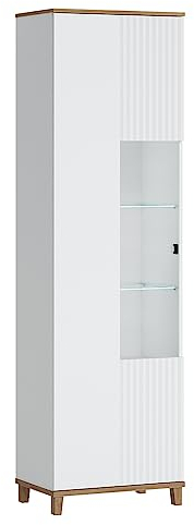 Lomadox Vitrinenschrank Vitrine Glasvitrine in weiß mit Eiche Nb., B/H/T ca. 60,8/208,4/40 cm
