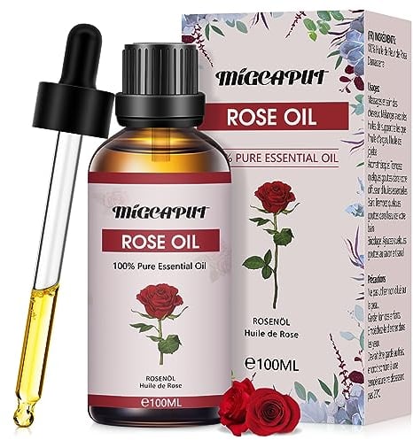 MIGCAPUT Aceite Esencial de Rosa 100ML, 100% Puro Natural Aceites Esenciales de Aromaterapia, Aceite de Rosa de Grado Terapéutico para Humidificador Difusor, SPA, Masaje
