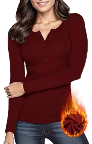 WOWENY Womens Thermal Tops with Button Base Layers Ribbed Ladies Long Sleeve Tops T Shirts Stretch Plain Slim Fit,wine red,L