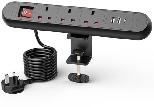 Desk Power Socket, Airmom 3 Way Extension Lead with USB C Slots, 1.8M Extension Lead Surge Protected Power Strip with Removable Clamp, PD 20W, Desktop Power Strip with Main Switch for Home, Office
