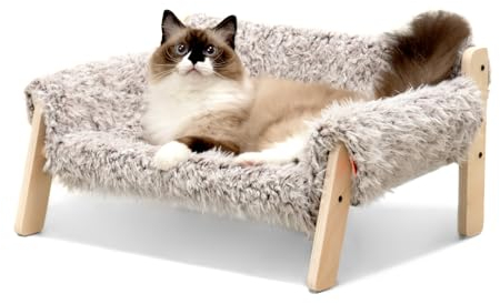 MEWOOFUN Large Cat Bed Sturdy Wooden Leg Raised Cat Sofa Bed Kitten Bed for Indoor Cats - Soft Cat Couch with Removable Cover Hold up 15kg, 56x45cm Brown-grey