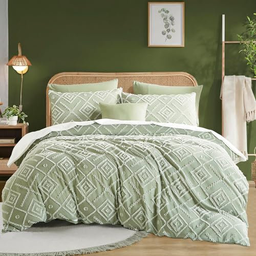 Tospass Getuftet Bettwäsche 135x200 Grün 4Teilig Boho Shabby Chic Geometrisch Gestreift Bettwäsche-Sets, 2 Bettbezug 135x200 und 2 Kissenbezug 80x80 mit Reißverschluss