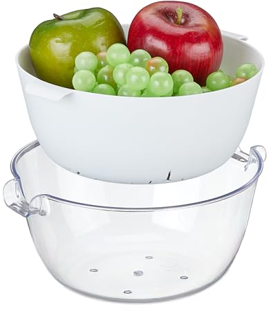 Relaxdays tazón Colador con Bol Circular, Plástico, para Lavar Frutas y Verduras, Escurridor Pasta, Asas, Transparente/Blanco, 10 x 22,5 x 21 cm