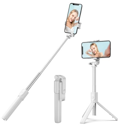H.May Perché à Selfie, Selfie Stick Trépied pour Téléphone avec Télécommande Détachable Compatible avec iPhone et Android des Smartphones, Enregistrement Vidéo, Blogage, Blanc