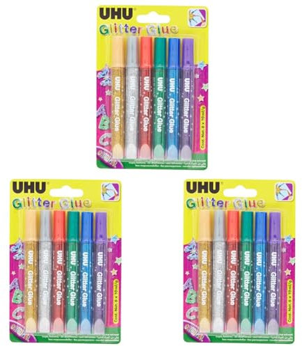 UHU Glitter Glue originale - Idéale loisir créatif, formule adaptée pour les enfants, lavable, multicolore, 6 tubes 10ml (Lot de 3)