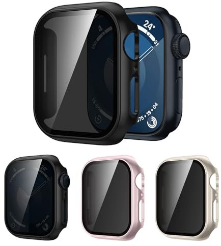 [3Piezas] Kamita Funda para Apple Watch 9 8 7 41mm con Protector de Pantalla de Cristal Templado de Privacidad, Duro PC Bumper Case con Antiespía Película para iWatch9/iWatch8 (Negro+Starlight+Rosa)