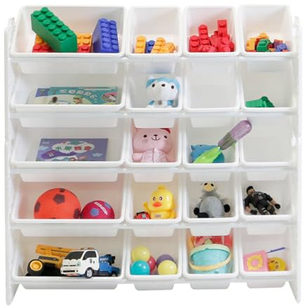 UNiPLAY 5 Tier Toy Storage Organizer with 20 Removable Bins, Re-Configurable Base, Multi-Functional for Books, Building Blocks, School Materials, Toys, or Garage Storage with Baseplate Board Frame