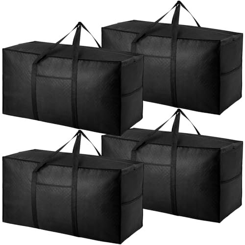 4 Pack 120L Extra Large Strong Moving Boxes with Lid, Heavy Duty Moving Storage Bags with Zippers, Carrier Bag for Travelling Duvet Clothes House Underbed