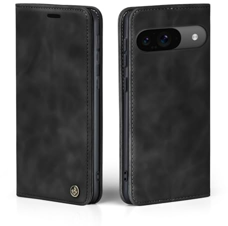 LBH Funda para Google Pixel 9 en color negro con compartimento para tarjetas y dinero, funda con función atril, cierre magnético, estilo vintage