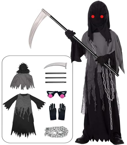 Tosekry Costume Halloween Bambino Vestito Halloween Bambino, Costumi Halloween Bambini Halloween Costume Bambino con Falce, Occhiali Luminosi e Catene