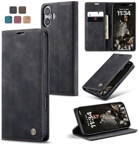 Cracedily Handyhülle für iPhone 16 Plus Hülle, Klapphülle Premium Lederhülle Klappbar Flip Case Tasche Magnet Kartenfach Standfunktion Klapphülle Schutzhülle für iPhone 16 Plus, Schwarz