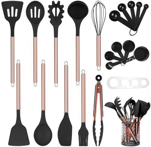 Arquiel Utensili Da Cucina Silicone, 22 Pezzi Set Mestoli Cucina, Set Di Spatole Per La Resistenza Al Calore, Set Utensili Cucina Per Padella Antiaderente (Nero)