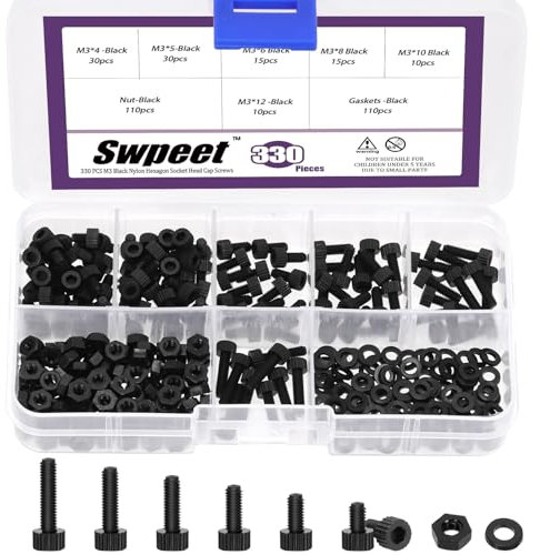 Swpeet Lot de 330 écrous à six pans creux M3 en nylon noir avec rondelles - Assortiment de vis à tête hexagonale en plastique - Vis à tête hexagonale en plastique moleté - Longueur 4/5/6/8/10/12 mm