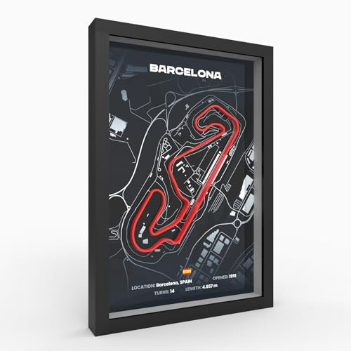 Barcelona 3D Motorsport A4 Poster im Holzrahmen I Hochwertiger 3D Druck I 2000dpi I 280g Papier I 3D Rennkunst als Deko für Wand, Büro & deinen Schreibtisch oder als Geschenk I Rennstrecken Poster