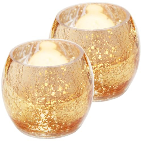 Teelichthalter aus Glas 2 Stück Goldfarben für Besondere Anlässe | Dekorativer Votivkerzenhalter, Modernes Design, Glas mit Goldenen Akzenten, Passend für Tischdekoration
