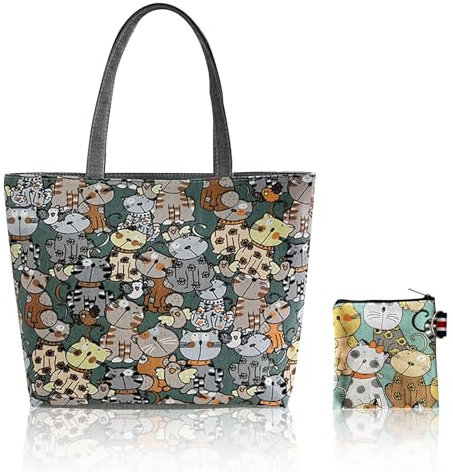 FOSDICK Bolsa Tela Tote Bag, 42 * 30cm Bolsa De Tela, Bolsa de Lona, Tote Bag Personalizada, Gato Bolsa de Compras, Bolsos Grandes con Cremallera para El Día a Día Oficina Viaje Escolar y Compras